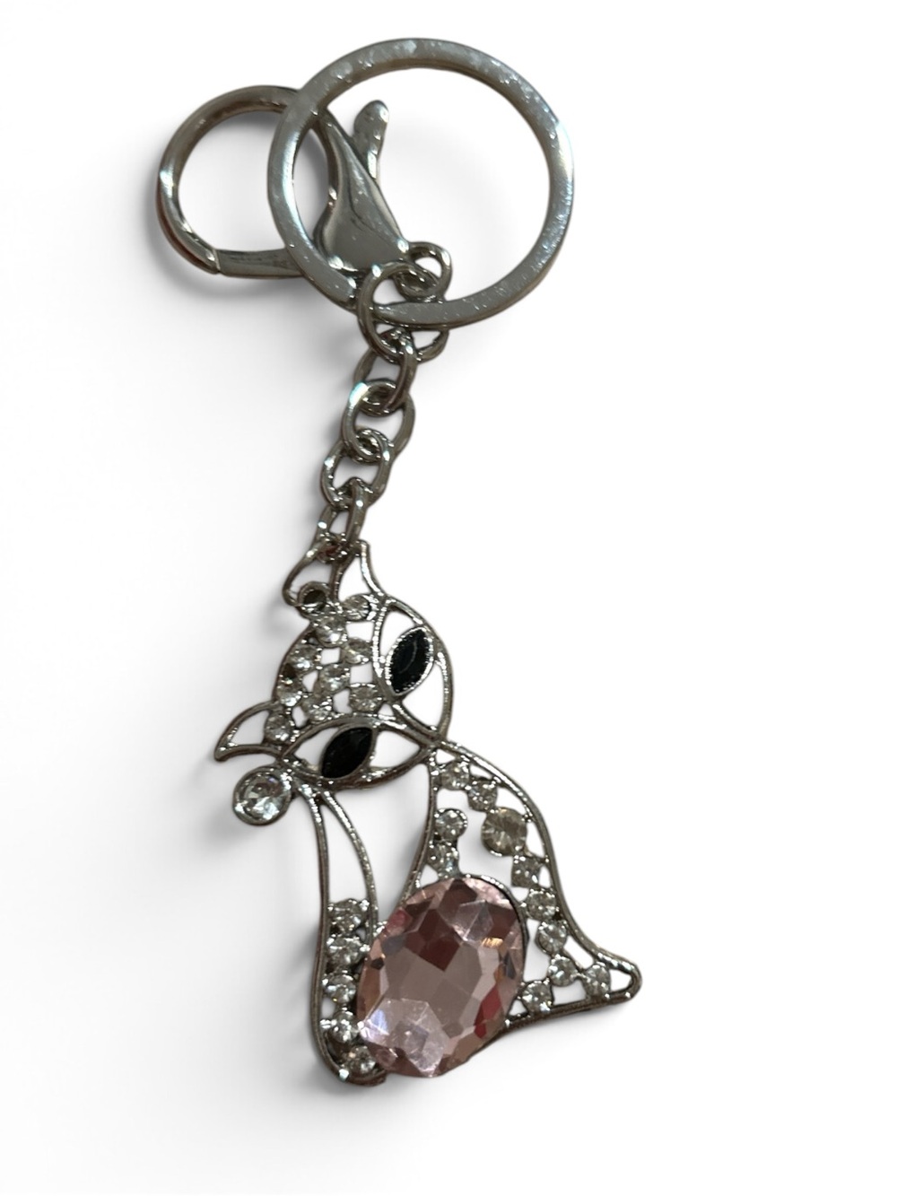 Cat Keychain with Pink Gem and Clear Crystals